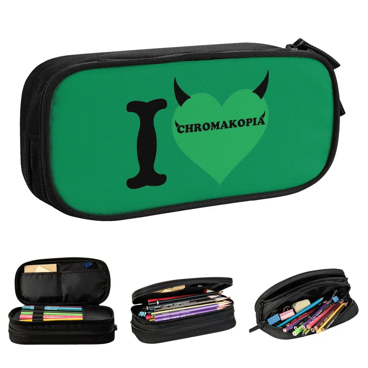 CHROMAKOPIA Green Heart Devil Design Pencil Cases Pen Box Bags for Student Large Storage Students School Cosmetic Pencilcases