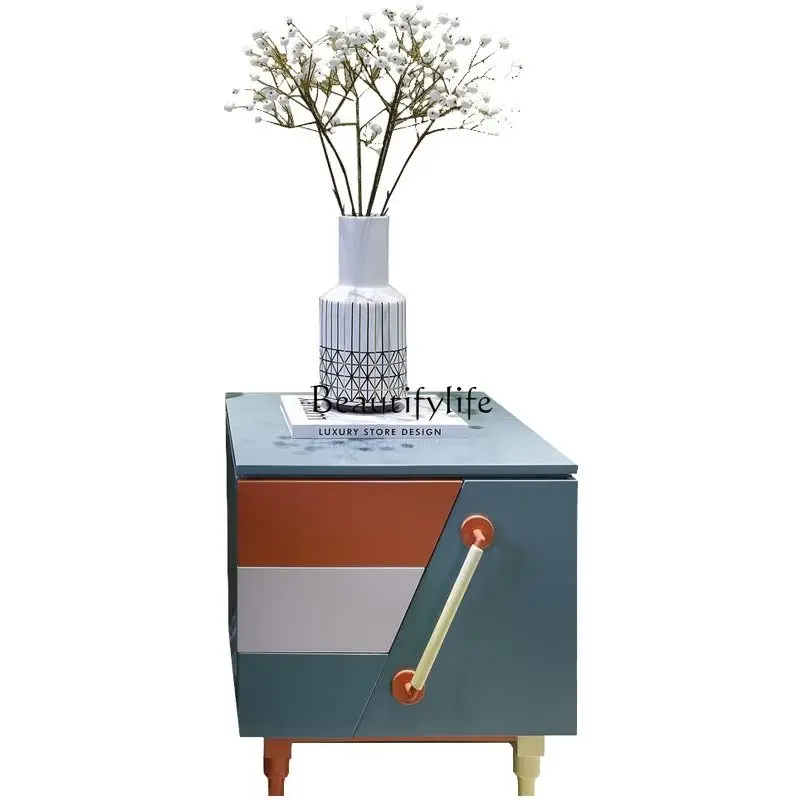 -*Simple modern light luxury bedside table solid wood paint bedroom storage cabinet