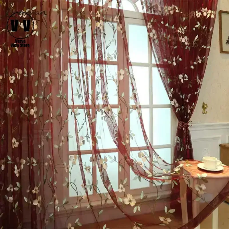 

Embroidered Sheer Volie Curtains For Living Room Window Tulle Curtain Drapes For Bedroom Luxury Floral Cortina Custom Home Decor