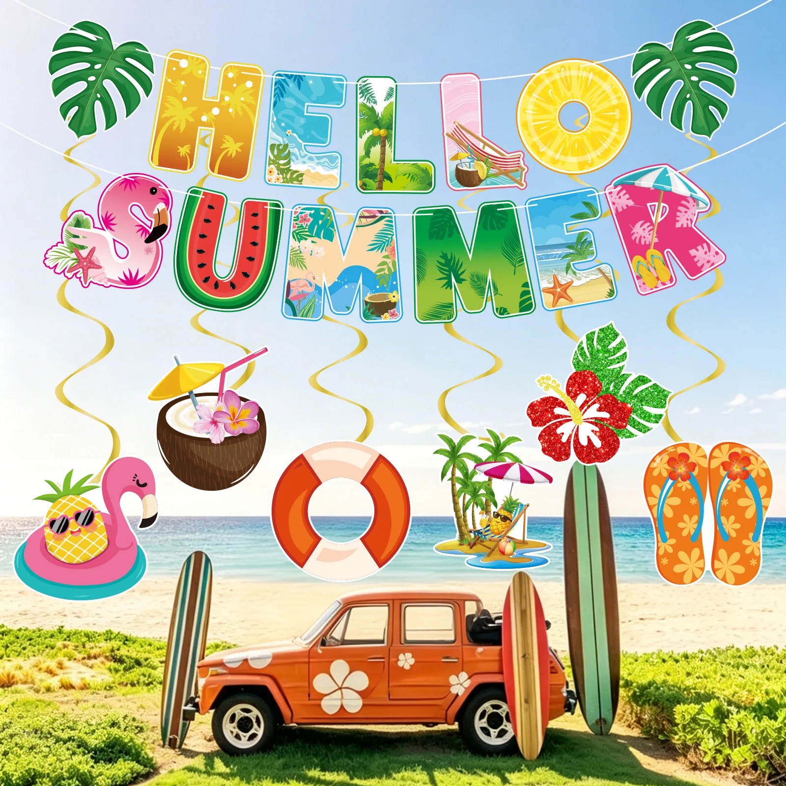 Hello Summer Hawaiian Party Decor Flamingo Turtle Back Leaf  Banner Spiral Ornament Aloha Summer Coconut Tree Beach Party Decor