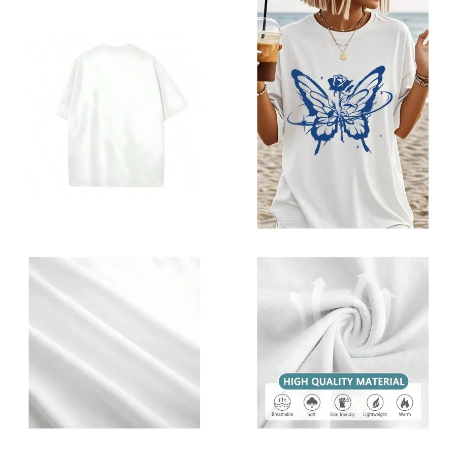 

【New style】Women's Retro and Letter Print Cotton T-Shirt - Soft Breathable Loose Fit Round Neck Short Sleeve Top Lightweight Wa
