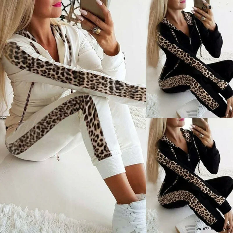 Autumn Women Women Sets Ladies Sports Jogging 2 Piece SuitsTracksuits Set Leopard Print Hoodies Sweatshirt Crop Tops Long Pants