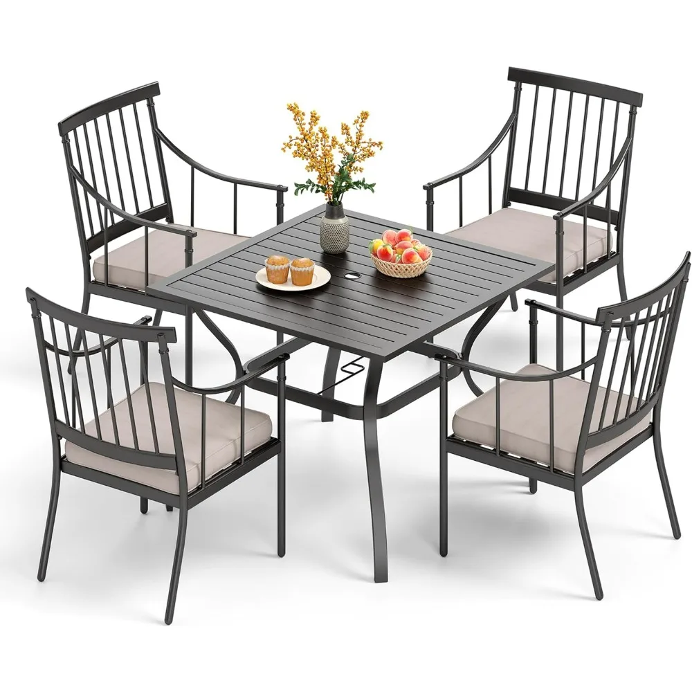 5 Piece Outdoor Dining Set with Cushion, 37” Square Metal Dining Table with Umbrella Hole & 4 Cushioned Steel Chairs for Patio