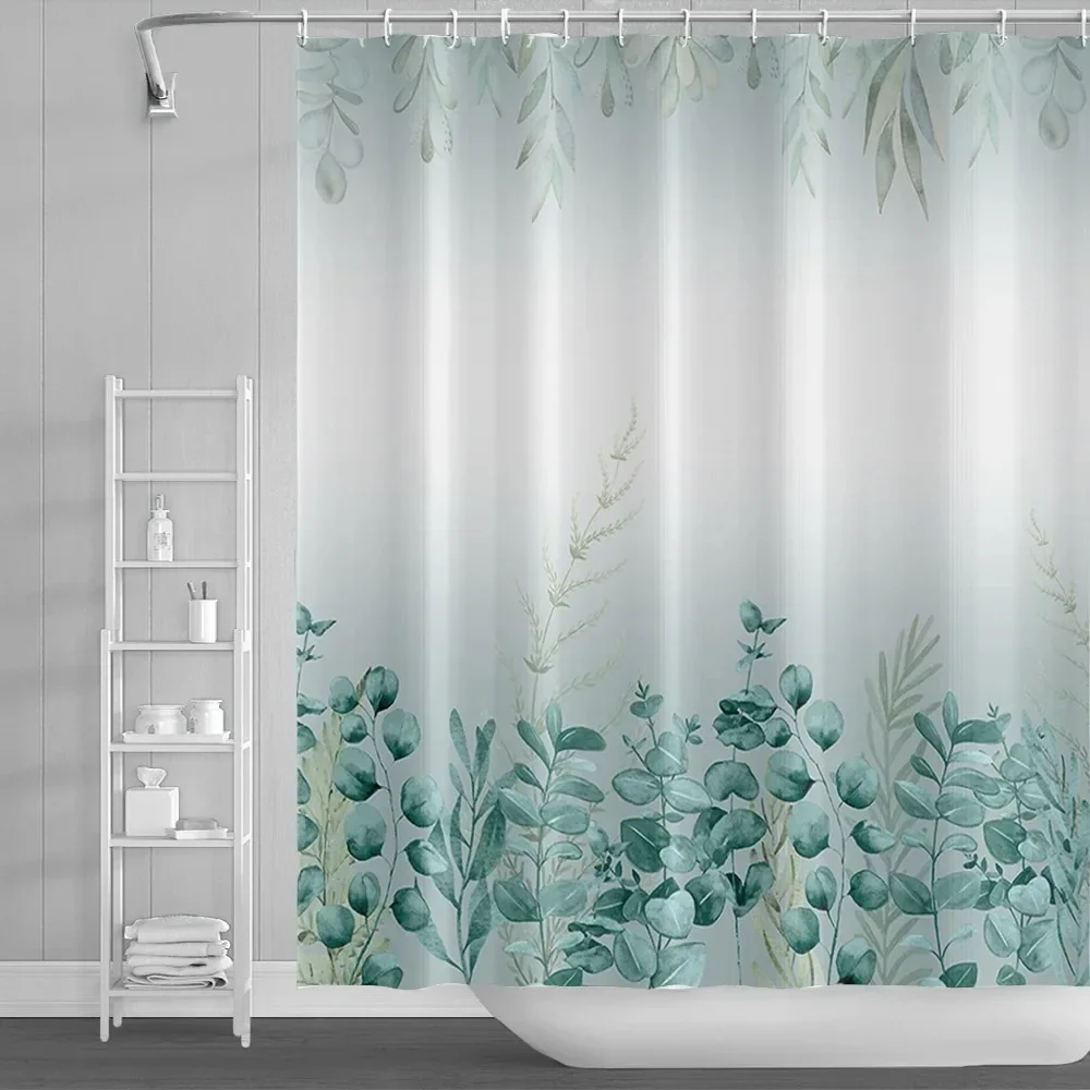 Green Eucalyptus Leaves Shower Curtains Watercolor Floral Waterproof Morden Bathroom Bathtub Curtain Room Decor with Hooks