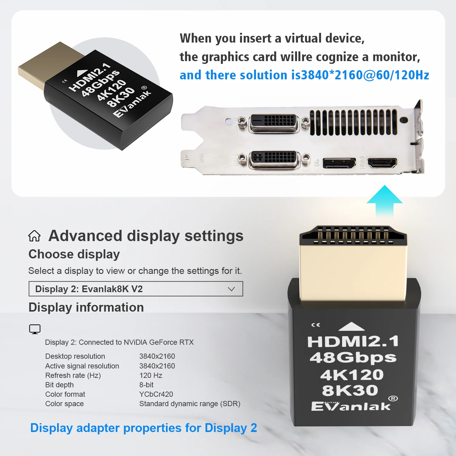 

Evanlak 4K 120Hz HDMI 2.1 Dummy Plug – Virtual Display Emulator for PC/VR/Crypto Mining | 8K@30Hz Headless Ghost Adapter
