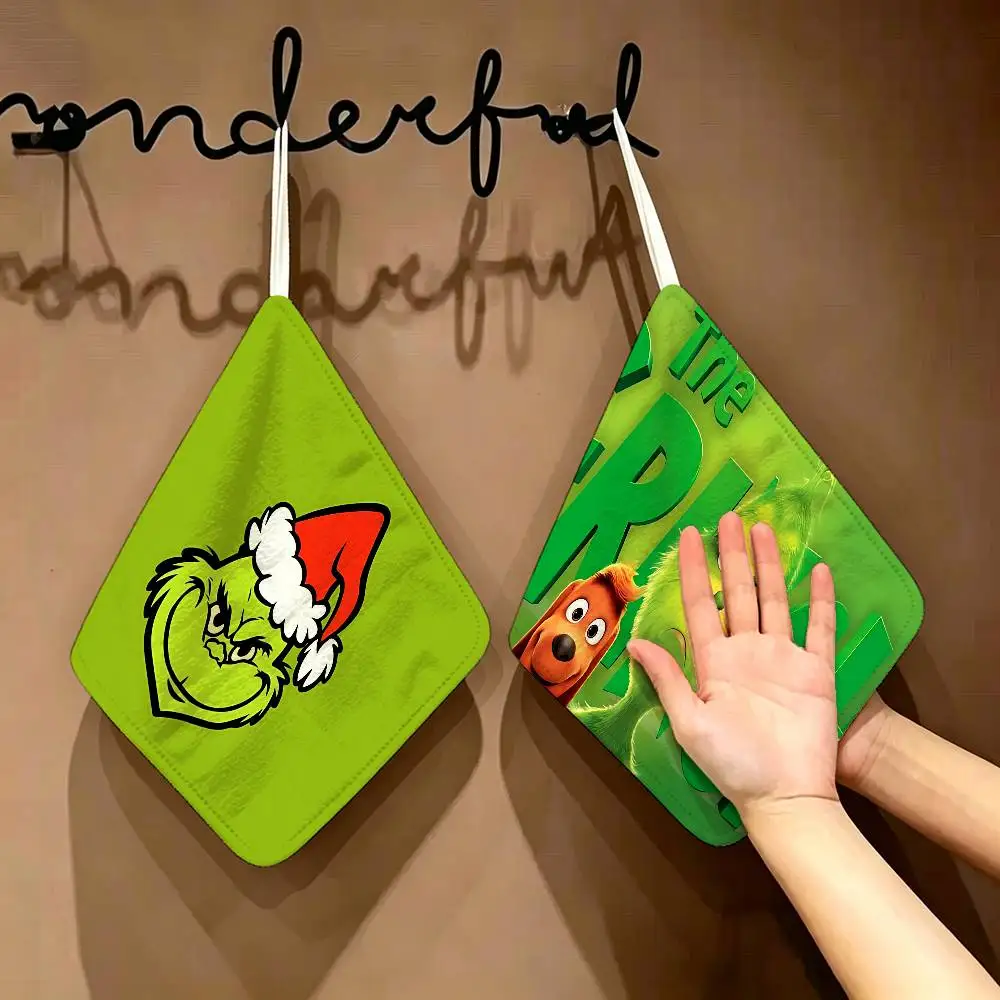 Cartoon THE G-GRINCHS Hanging Kitchen Towel, Polyester Cotton Fabric, Absorbent Hand Wiping Towel for Home Dormitory