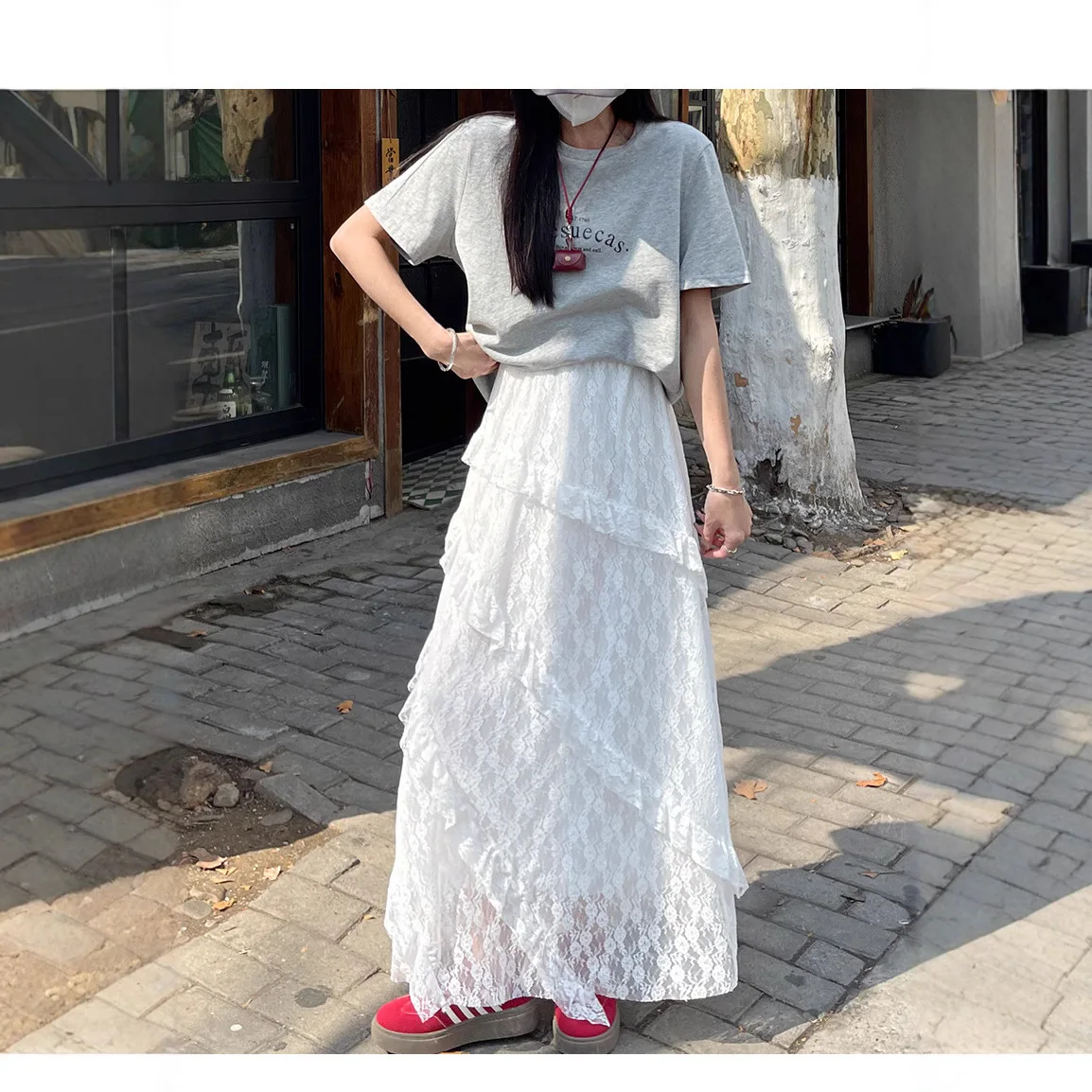 

Summer New Retro Patchwork Twill High Waist White Lace A-line Skirt Women Elastic Slimming Mesh Long Skirt