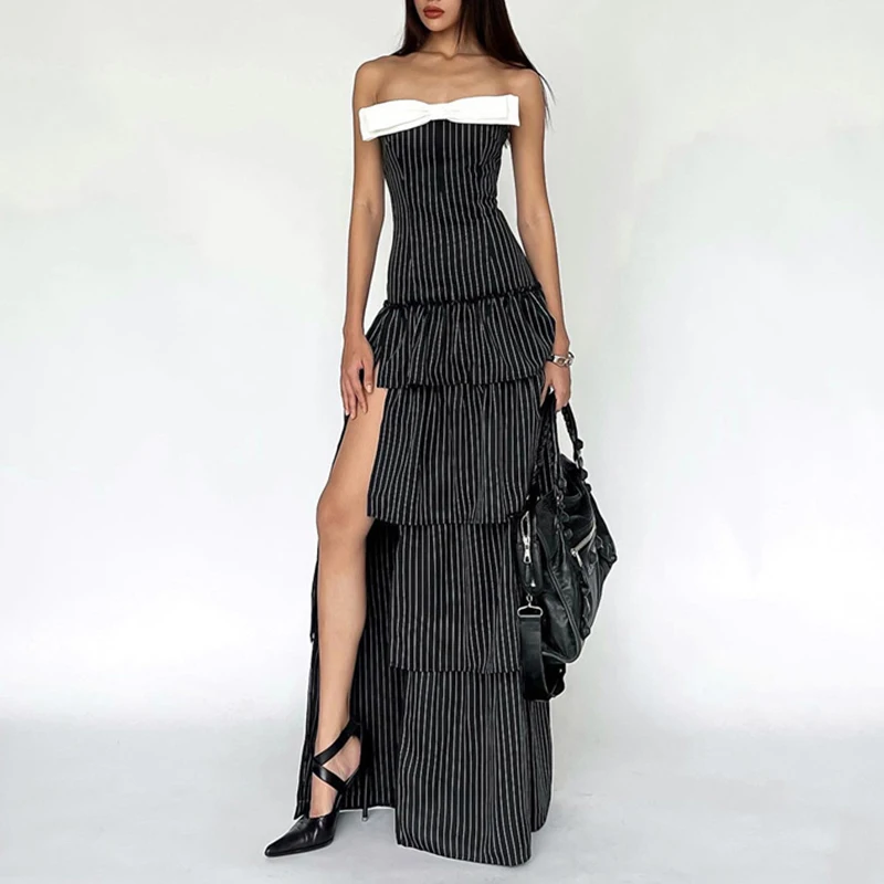 

Women's Dresses Layered Dresses Black Stripe High Slit Maxi Dress 2000 Summer Women's Clothing Party Outfits Summer