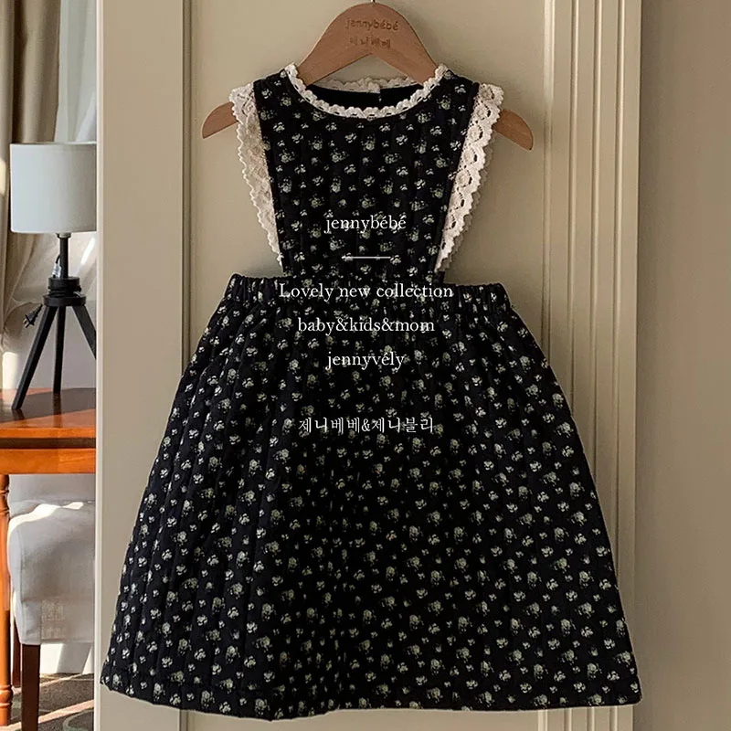 2024 New Winter Sister Clothes 2-6Yrs Girl Party Dress Sleeveless Print Thicken Warm Kids Princess Dresses Baby Girl Romper