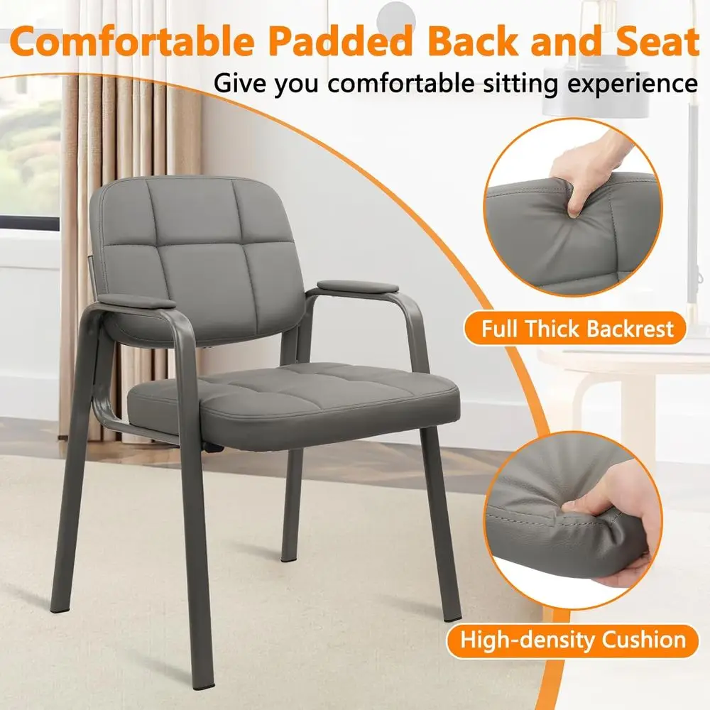 Par de sillas de sala de espera estacionarias de cuero gris con brazos acolchados para personas mayores y invitados, ideales para áreas de recepción de oficina