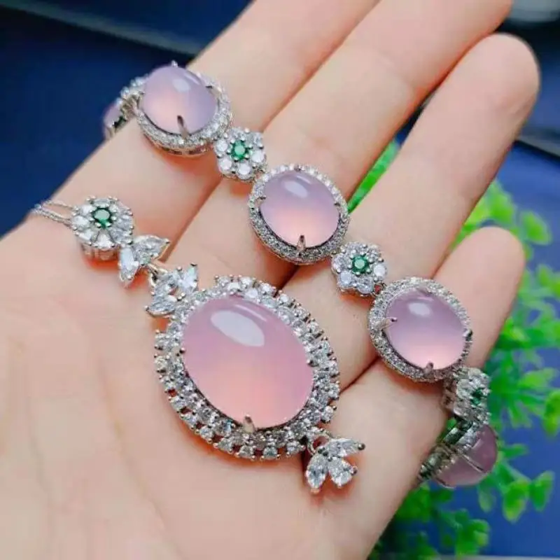 

Genuine Myanmar Jadeite Grade A Burma Pink Jade Water Droplet Pendant Necklace And Flower Emerald Jade Bracelet Jewelry Set