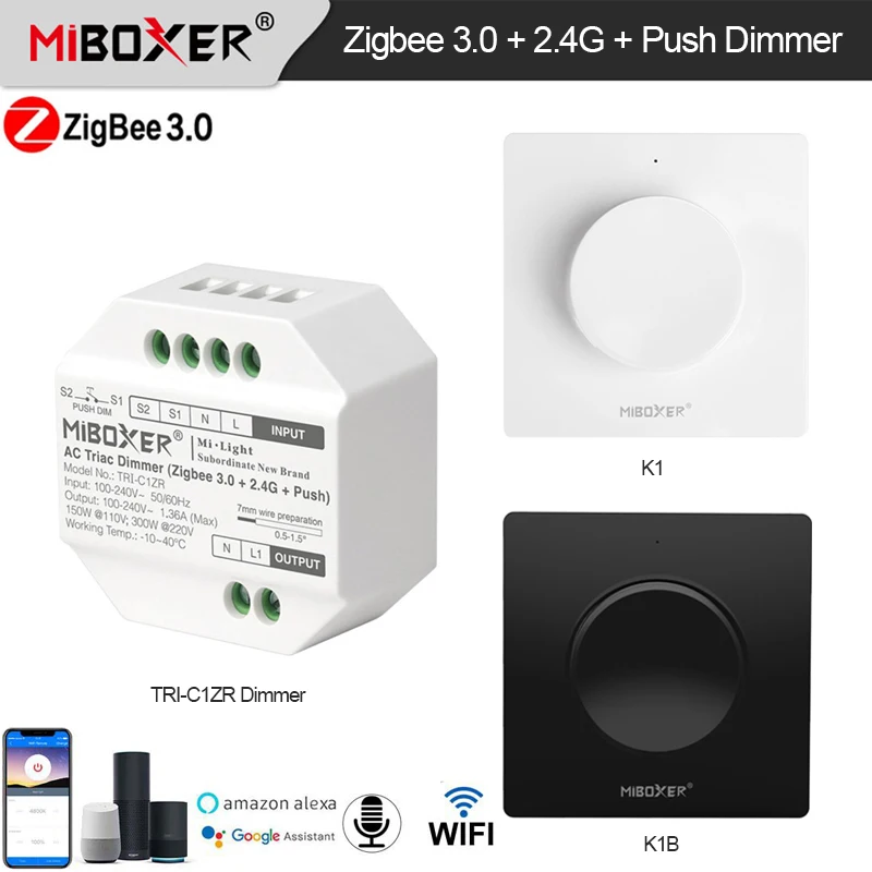 

Miboxer ZigBee 3.0+2.4G RF Remote 110-240V AC Triac Dimmer Push Switch Dimmer Remote/ App/ Voice Control for Single Color Lights