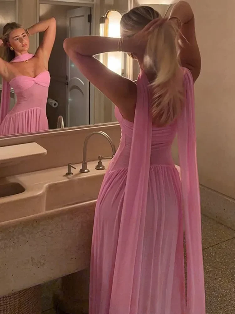 

XIAOTANG Scarf Collar Backless Sexy Maxi Dress for Women Gown Pink Strapless Off-shoulder Backless Mesh Long Dress Vestido