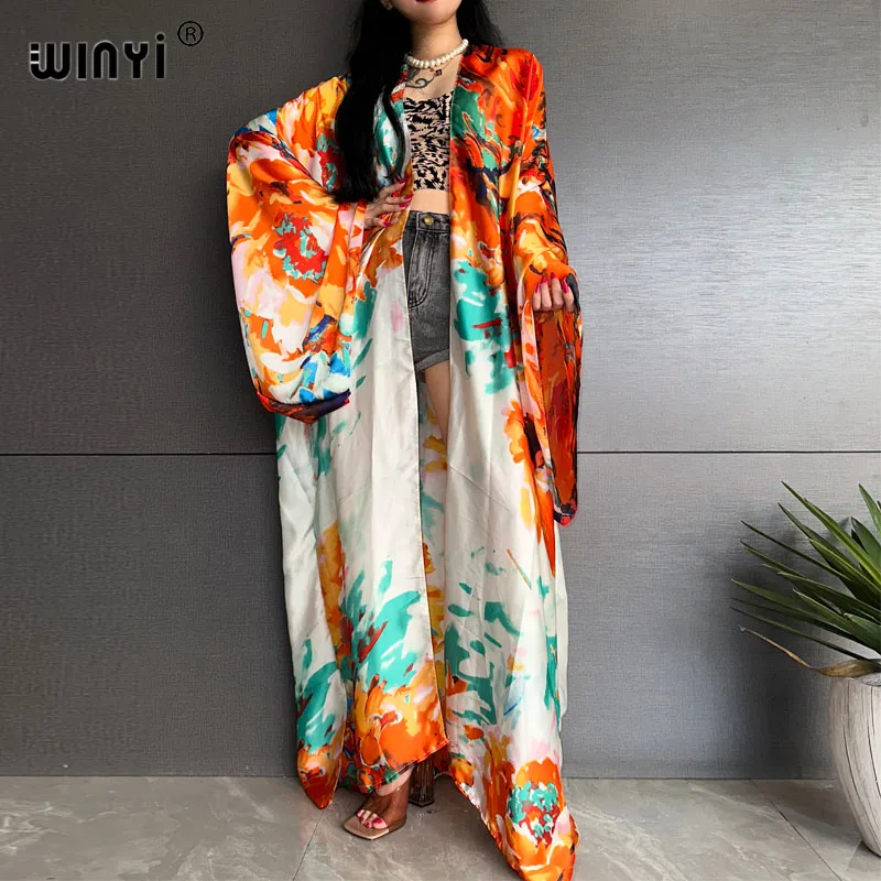 WINYI summer Bohemian Print Beachwear Bikini Cover-ups Elegant fashion kimono Cardigan sexy long Sleeve silk feeling loose dress