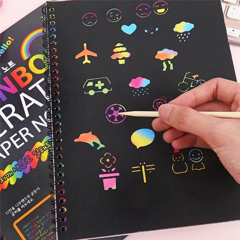 

2Pcs Rainbow Scratch Paper Children's Art Book Black DIY Rainbow Art Paper Card Neon Scratch Book With Wood Stick