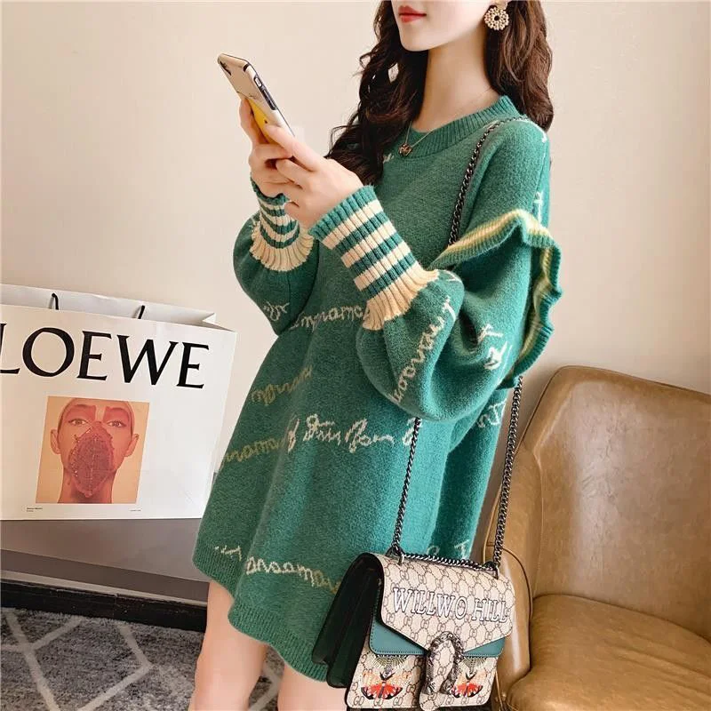 Fashion O-Neck Knitted Spliced Loose Printed Ruffles Mini Dress Female Clothing 2023 Autumn New Long Sleeve Casual Dresses