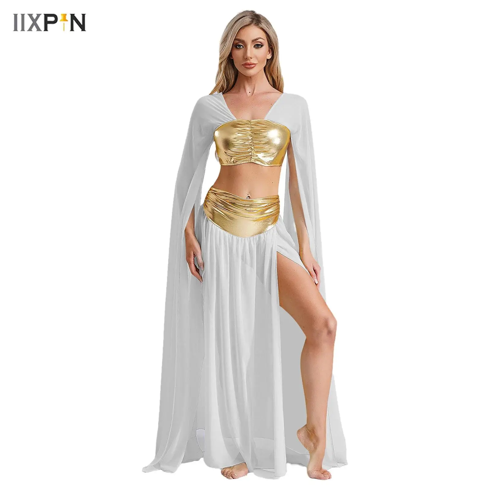 

2Pcs Women's Halloween Ancient Rome Egyptian Cleopatra Cosplay Costume Crop Top+Split Chiffon Skirt Set Carnival Party Costume
