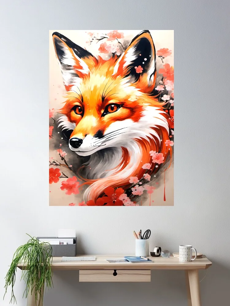 

japanese fox, Print Art Canvas Poster, For Living Room Decor, Home Wall Picture