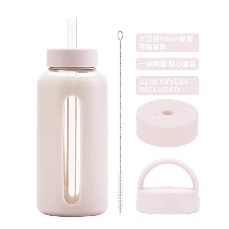 800ml Large Capacity Glass Cup, Double Lids,Silicone Sleeve,Anti-hot Heat Insulation,Outdoor Portable,Graduated Water Bottle,Mug