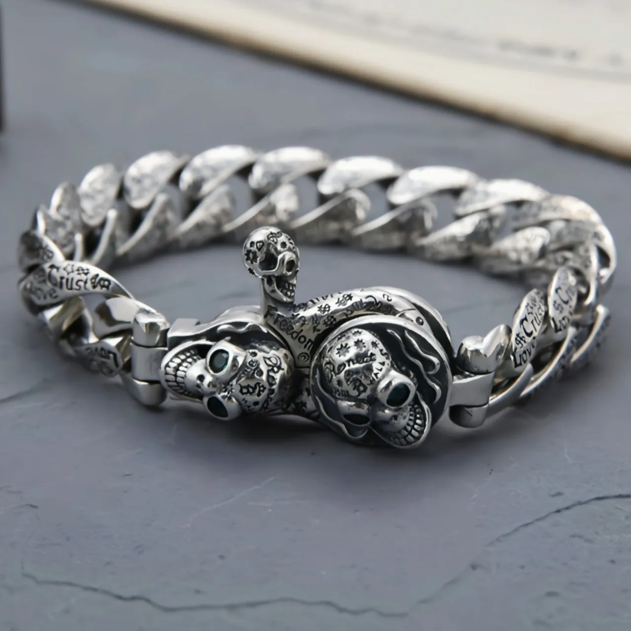 

Retro, individualistic, trendy, domineering, motorcycle, hip-hop, S925 pure silver six character graffiti skull bracelet for men