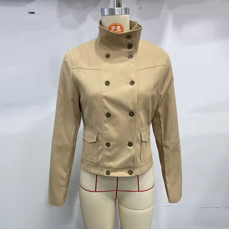 Damenjacken mit Stehkragen, Langen Ärmeln, Doppelreihigen Taschen, Frühlings- und Herbstmäntel, Einfarbig, Locker Geschnitten, Safari-Stil, Neue Oberbekleidung – Detail 3
