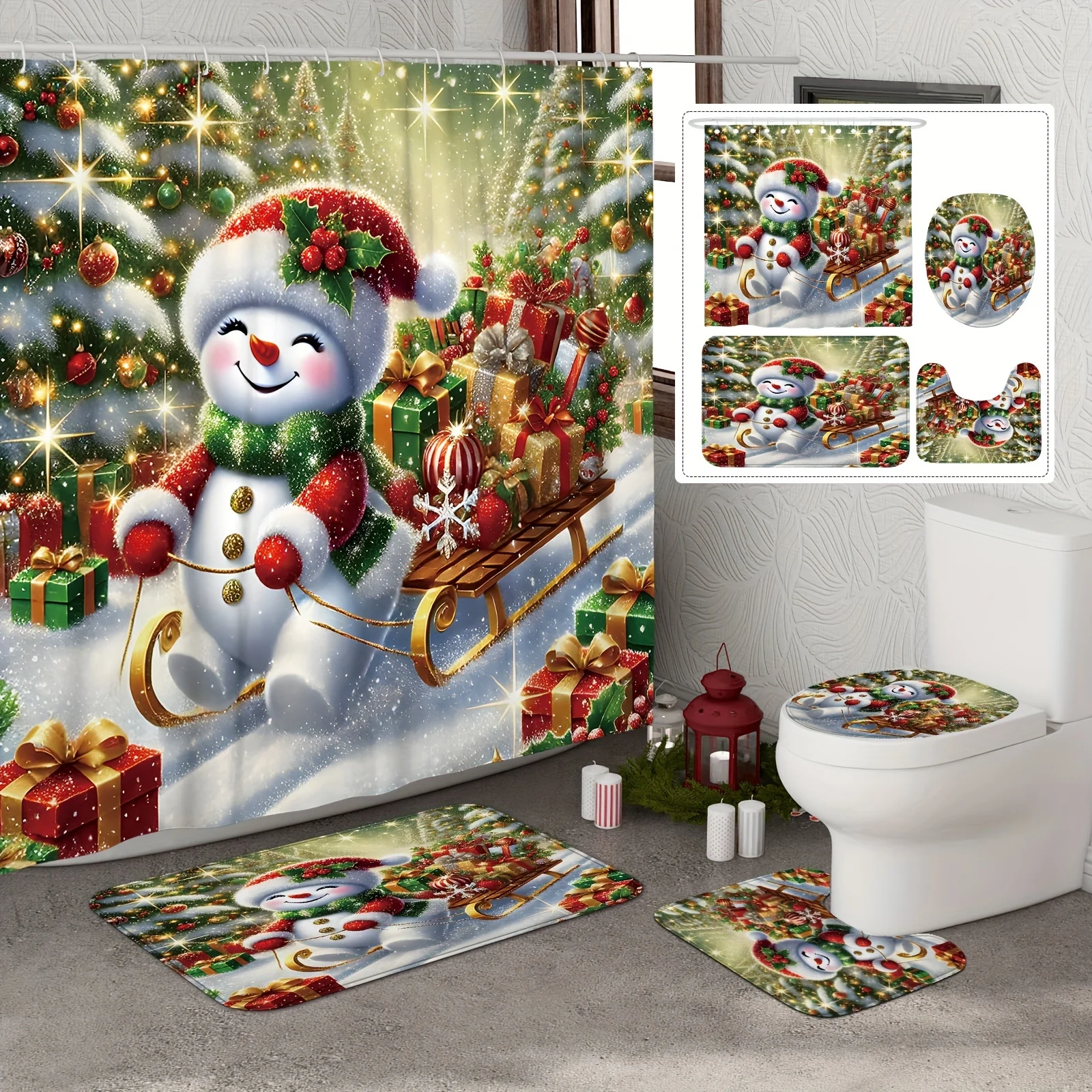 

4 шт., рождественский подарочный набор занавесок для душа со снеговиком и нескользящим ковриком и чехлом для унитаза, красный, зеленый, золотой полиэстер, моющийся рождественский декор