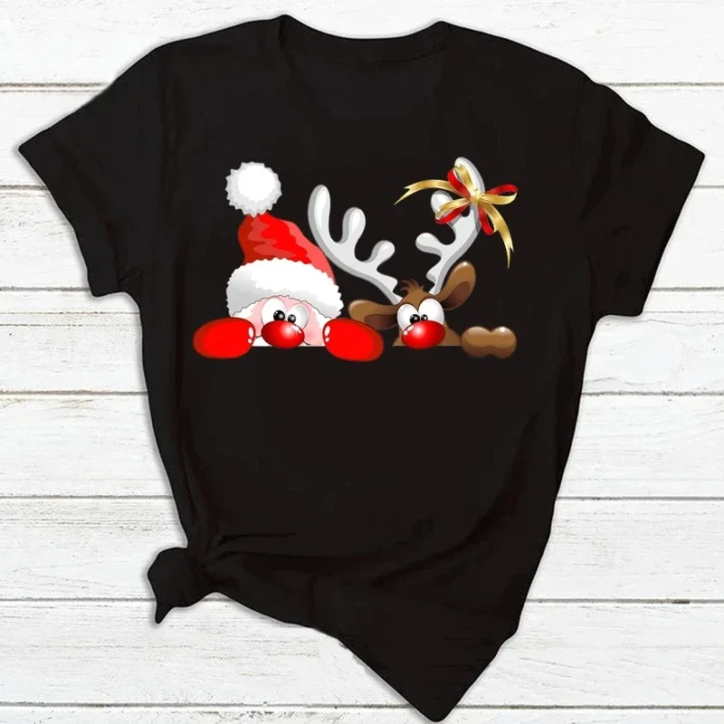 Maycaur fashion women's tops tee women Merry Christmas holiday tshirts funny cartoon Santa reindeer printed black T-shirt female