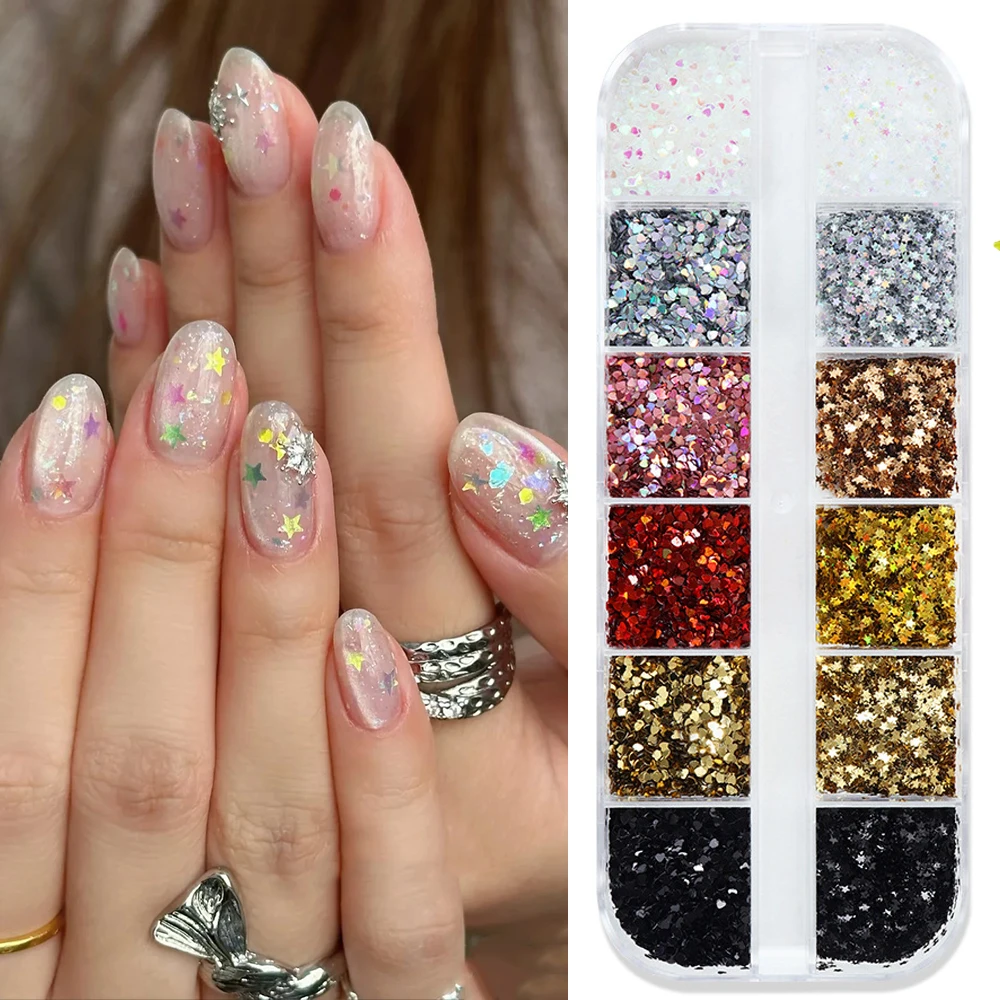 

12Grid 3D Holographic Love Heart Star Nail Art Sequins 1mm Mermaid Dazzling Heart Star Shape Nail Charms Manicure DIY Decoration
