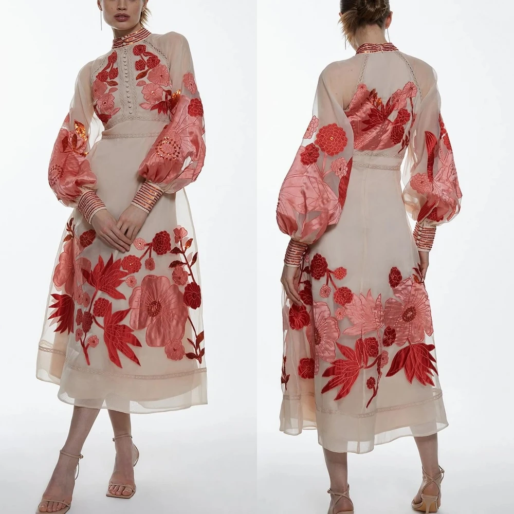 Jiayigong-vestido de Organza con botones y flores, traje de fiesta con cuello alto, a medida, exquisito