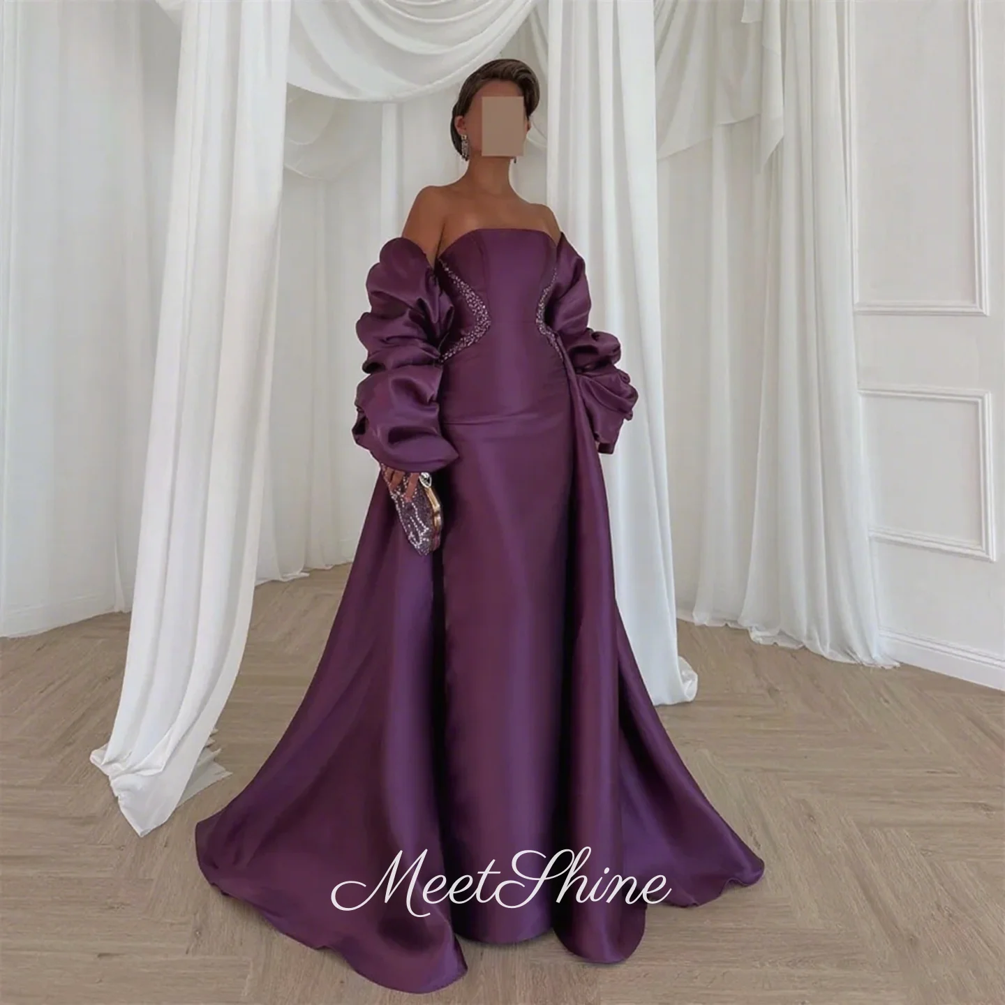 Abito da sera dritto classico in raso viola squisito senza spalline con manica a mantella staccabile abito da ballo formale personalizzato