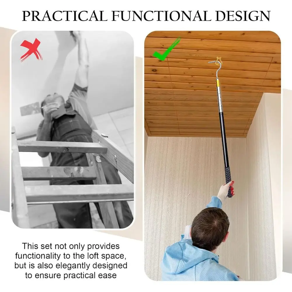 

Stainless Steel Attic Ladder Pull-Down System Kit Retractable Extends Loft Stair Pull Hook Kit Vintage Copper Door Ring