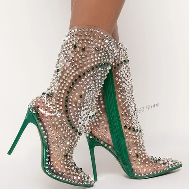 Mid Calf Green PVC Crystal Decor Boots Stilettos High Heel Women Shoes Side Zipper Pointed Toe 2023 Fashion Zapatos Para Mujere