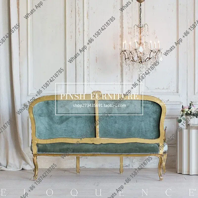 N40 French solid wood retro carved three-person sofa, European neoclassical old living room studio club sofa combination