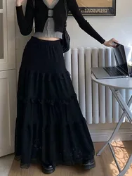 Elegante gonna Midi con giunture in pizzo per le donne Y2K estate A vita alta Chic scava fuori una linea gonne gonna lunga coreana solida tutto-fiammifero