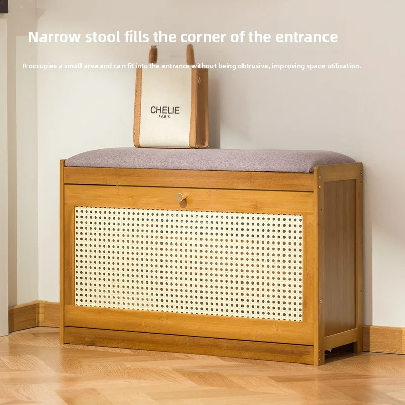 50-70cm long household shoe cabinet, flip bucket bamboo and wood shoe changing stool, long stool, retro shoe wearing stool