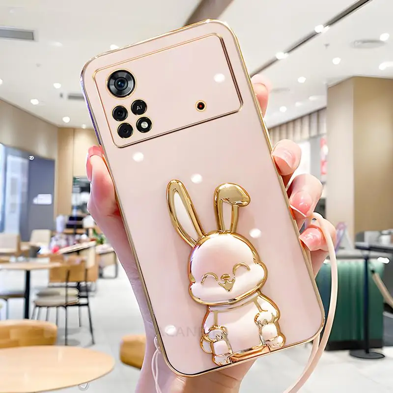 Pocox4pro Luxury Plating Rabbit Holder Case On For Xiaomi Mi Poco X4 M4 Pro 4g X4pro 5g X5 C55 C40 X3 F4 Lanyard Silicone Cover