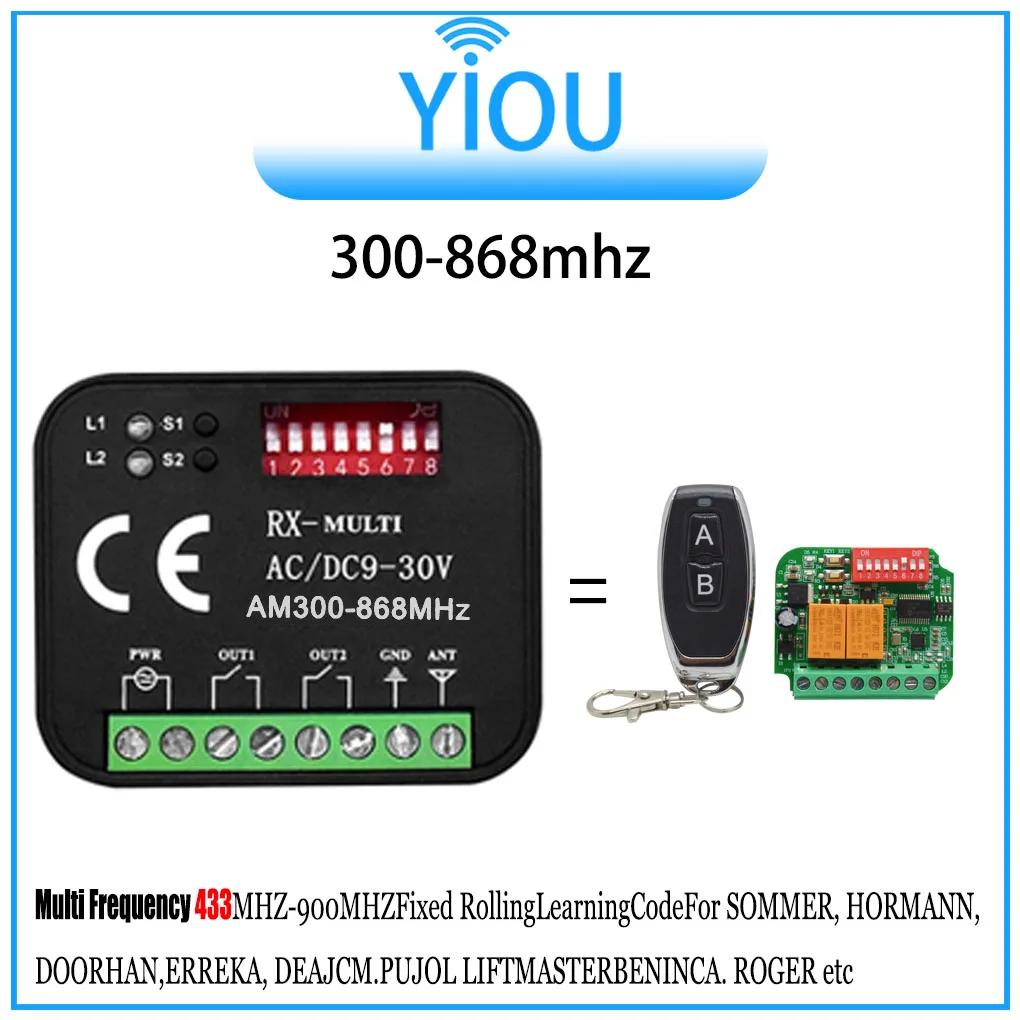 YIOU 300-868MHz Garage Door Receiver models NICE FLORS/MARANTEC/UNIVERSALFIXE CODE/any FIJO/ SLH  9-30VGate Switch Learn , Fixed