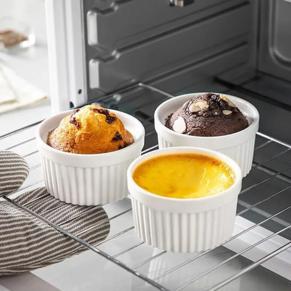 

6pcs Baking Bowl 8 Oz Ramekin Porcelain with Lid Dessert Cup High Temperature Resistant White Steamed Egg Bowl Dishwasher