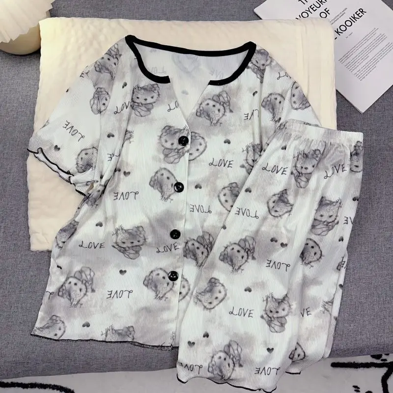 

Недорогая летняя пижама Sanrio Hello Kitty для женщин: комплект с шортами и коротким рукавом, милая мультяшная домашняя одежда, кавайный домашний костюм