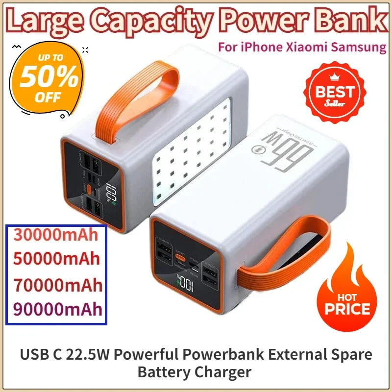 

For IPhone Xiaomi Samsung USB C 22.5W Powerful Powerbank External Spare Battery Charger Large Capacity Power Bank 50000mAh