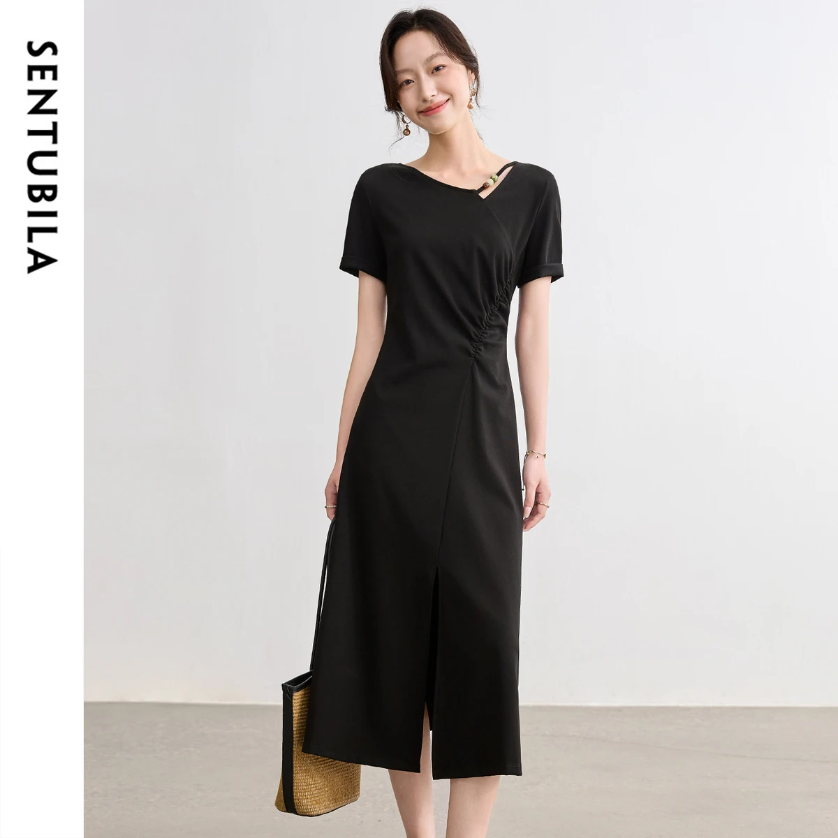

SENTUBILA Woman Summer Black Pinch Pleated Dress 2025 Elegant Diagonal Collar A Line Dresses Casual Female Clothing Q52LJ2092