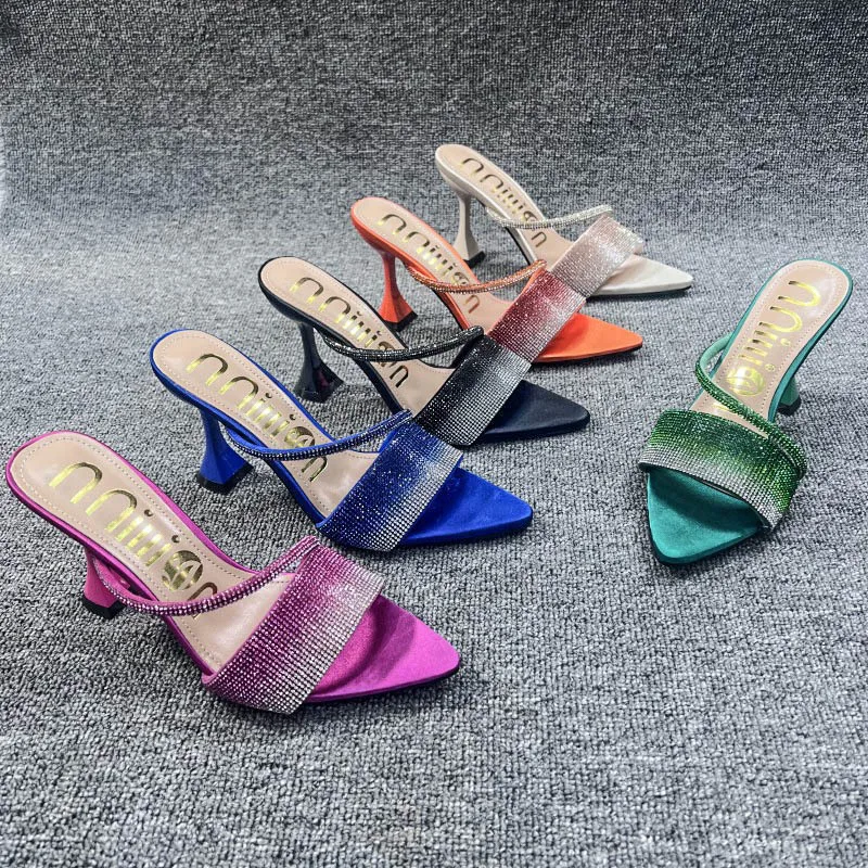 Xibeilove 2023 Fashion Women Slippers Summer Sexy Pointed Rhinestone Colorful High Heel Slippers Luxury Banquet Wedding Shoes