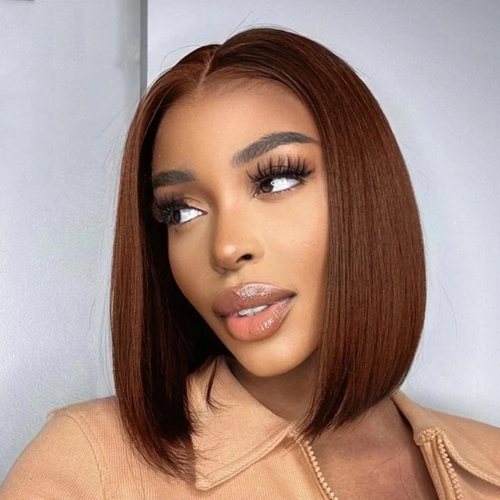 Chocolate Glueless Short Bob Human Hair Wig #4 Colored 7x5 Transparent Lace Frontal Straight Bob Wigs 14 Inch 180% Density Pre Plucked Natural Hairline Wear And Go Human Hair 100% Real Hair For Women