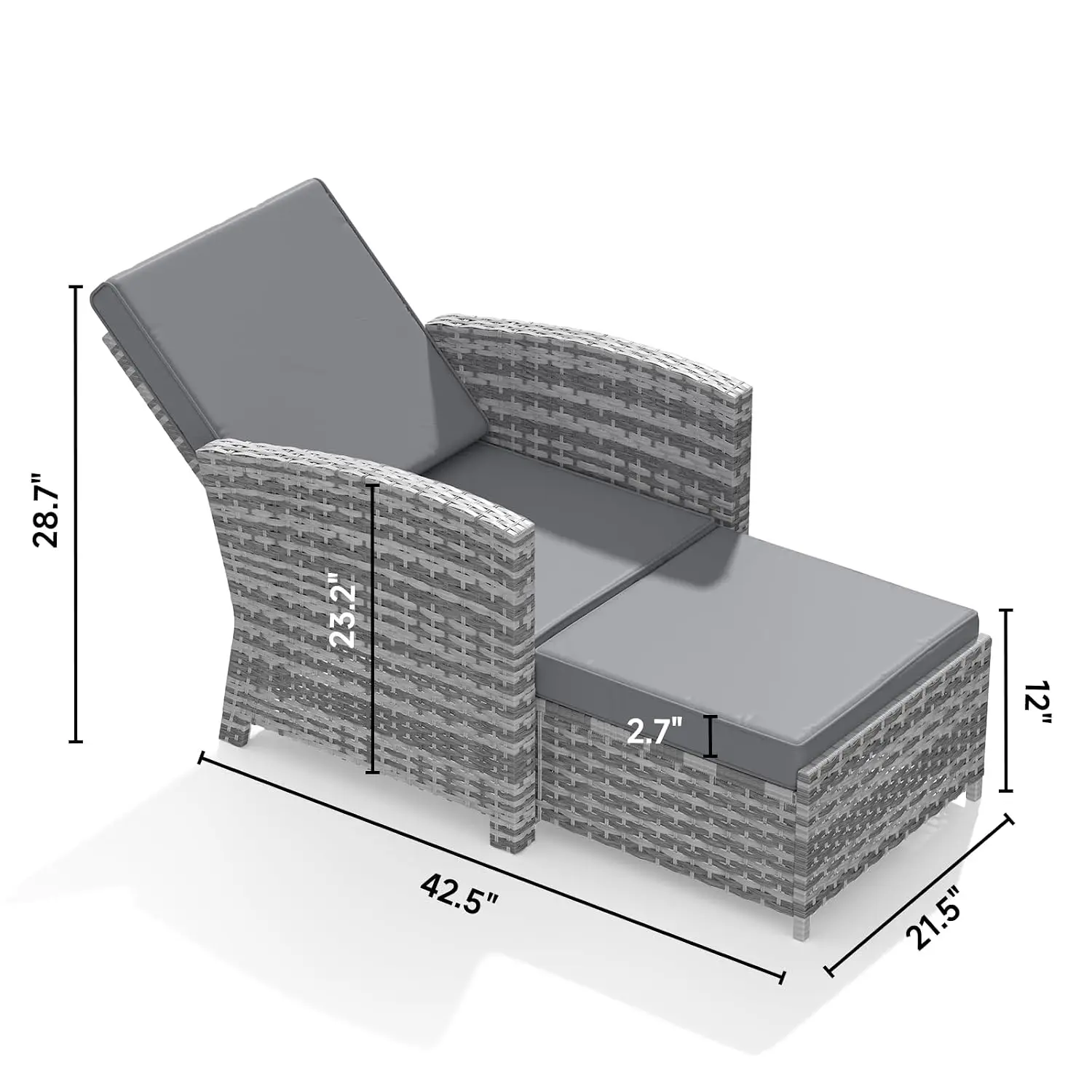 3-Piece Outdoor Wicker Chaise Lounge Set, Infinite Position Adjustable Backrest, Removable Cushion & Glass Side Table, Custom