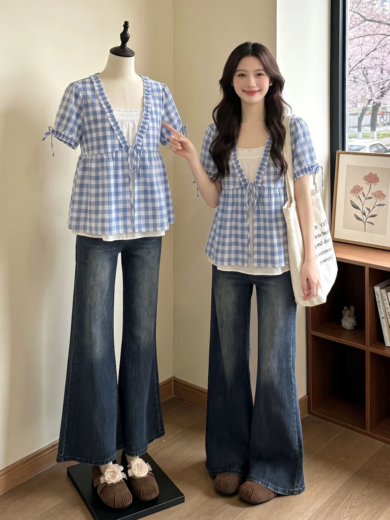 

Light Blue Plaid V-Neck Shoulder Shirt Women's Summer New plus Size Doll Shirt Fake Two-Piece Top Korean Style Loose Fit