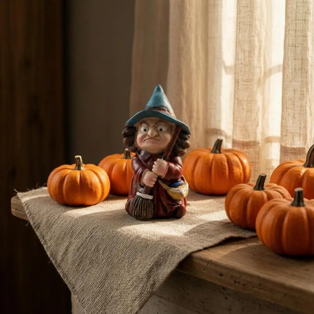 Witch with Bat Hat Decoration Witch on Broomstick Resin Figurine Halloween Gnome Statue with Hat Spooky Vintage Decor for Shelf