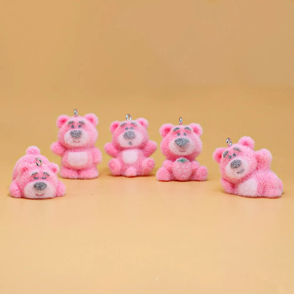 

5Pcs Resin Flocked Little Bear Pendant Cute Cartoon Strawberry Bag Charm 3D Doll DIY Keychain Wholesale Gift