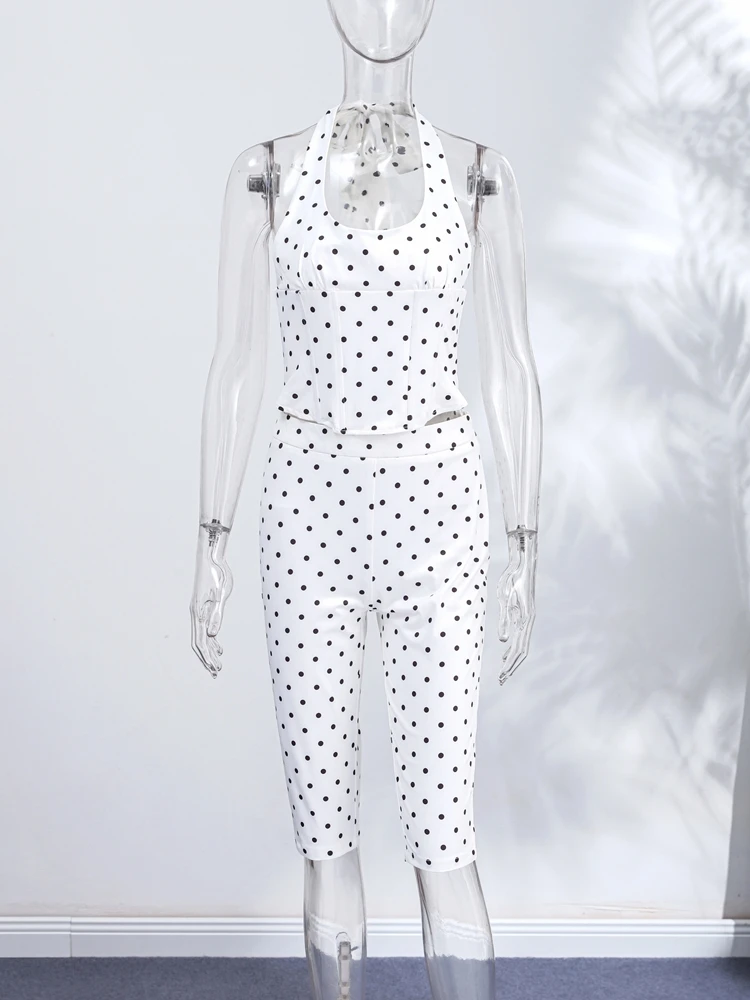 Polka Dot Halter-Korsett-Top, Dreiviertel-Hosenanzüge für Damen, sexy U-Ausschnitt, ärmellos, rückenfrei, Schnür-Tops, Etui-Hosen-Outfits – Detail 3