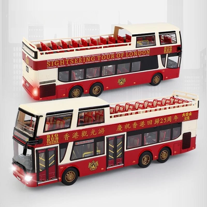 

1:42 Scale HongKong London Sightseeing Toy Bus, City Double-Decker Metal Model Car Pull Back Sound & Light Collection For Boys