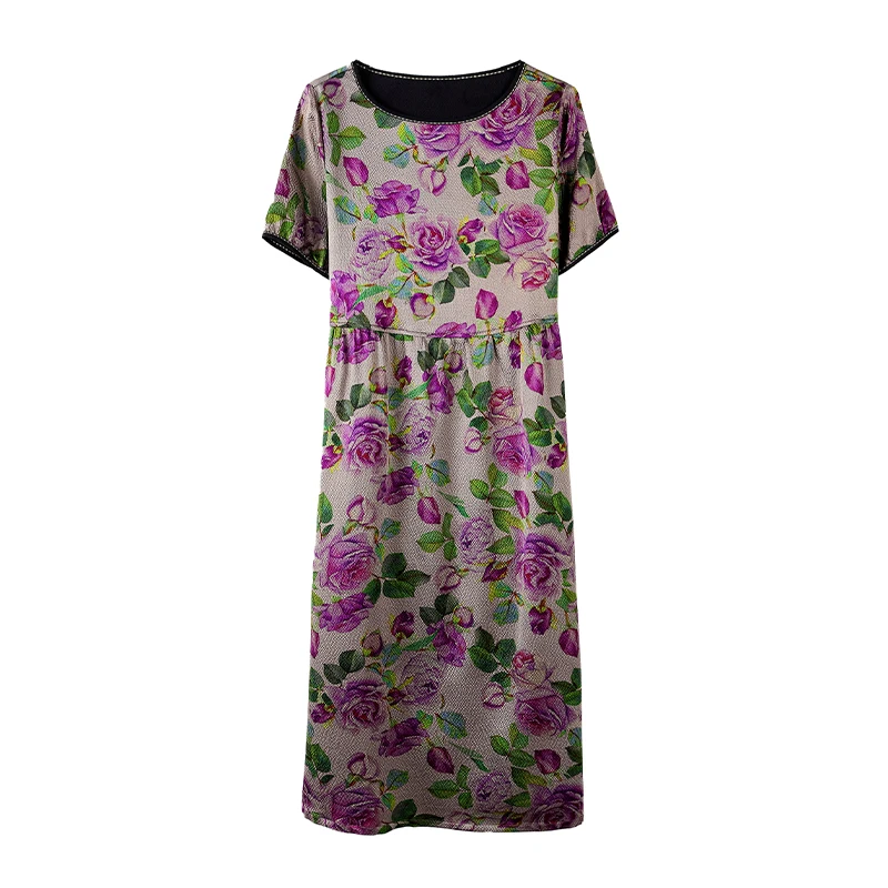 2024 Purple Silk Short Sleeves O-Neck Dress Women's Flower Print Summer Loose Large Size Fashion Slimming Over Knee Dress